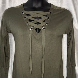 Jolt Lace Up V Neck Long Sleeve Top Lacy Drop Shoulder Olive Green Women’s Med